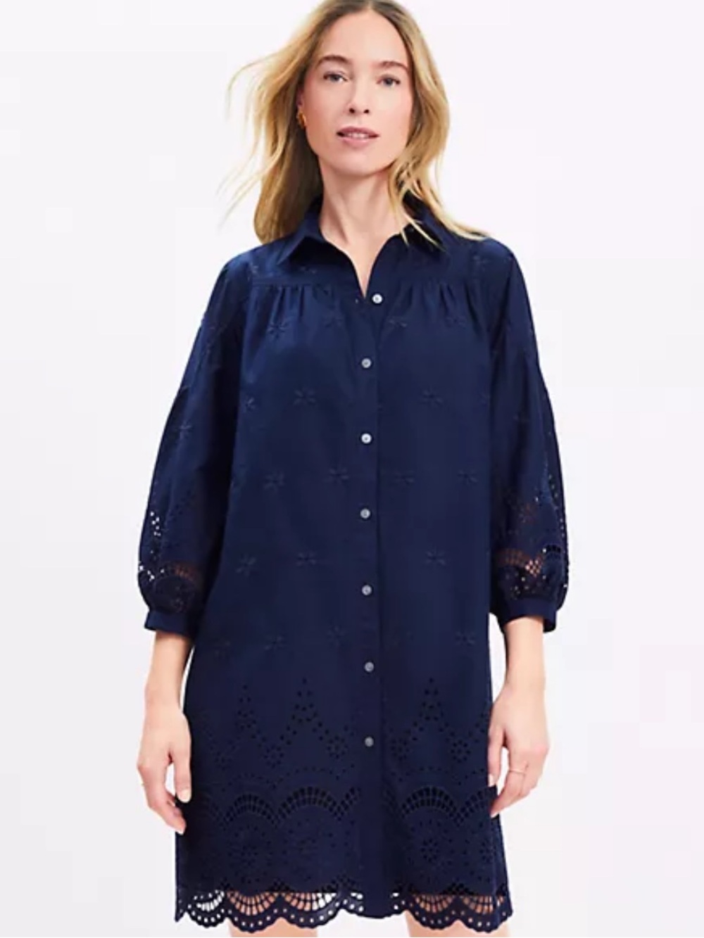 LOFT Navy Eyelet Shirt Dress